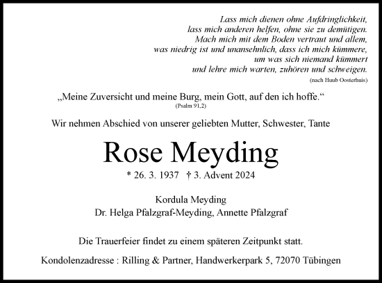 Traueranzeige von Rose Meyding von Schwäbische Tagblatt