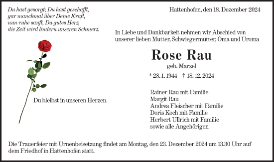 Traueranzeige von Rose Rau von NWZ Neue Württembergische Zeitung