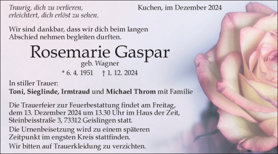 Traueranzeige von Rosemarie Gaspar von Geislinger Zeitung