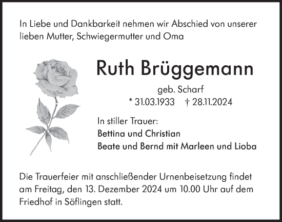 Traueranzeige von Ruth Brüggemann von SÜDWEST PRESSE Ausgabe Ulm/Neu-Ulm