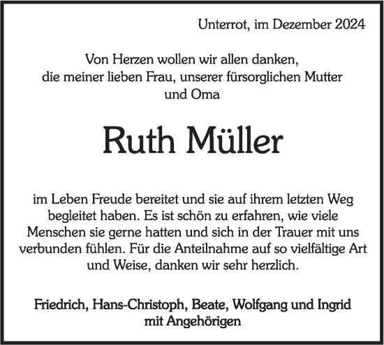 Traueranzeige von Ruth Müller von Rundschau Gaildorf