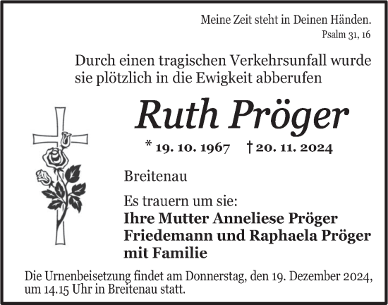 Traueranzeige von Ruth Pröger von Hohenloher Tagblatt