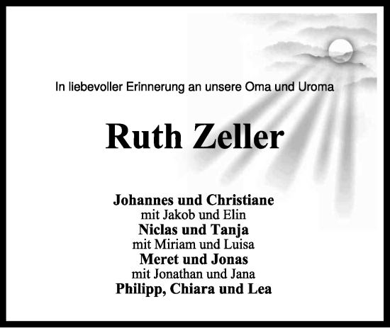 Traueranzeige von Ruth Zeller von NWZ Neue Württembergische Zeitung