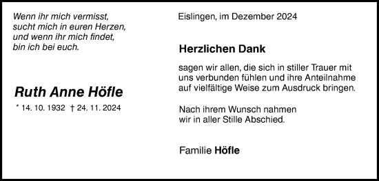 Traueranzeige von Ruth Anne Höfle von NWZ Neue Württembergische Zeitung