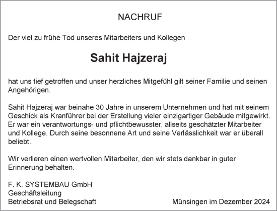 Traueranzeige von Sahit Hajzeraj von Alb-Bote/Metzinger-Uracher Volksblatt