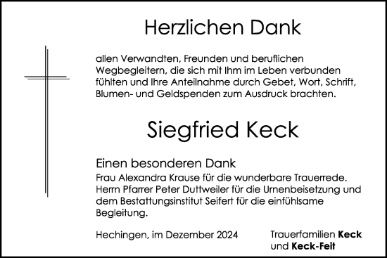 Traueranzeige von Siegfried Keck von SÜDWEST PRESSE Zollernalbkreis/Hohenzollerische Zeitung