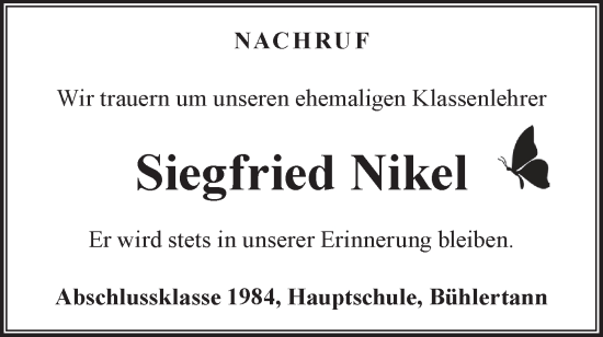 Traueranzeige von Siegfried Nikel von Haller Tagblatt/Haller Tagblatt