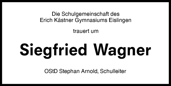 Traueranzeige von Siegfried Wagner von NWZ Neue Württembergische Zeitung