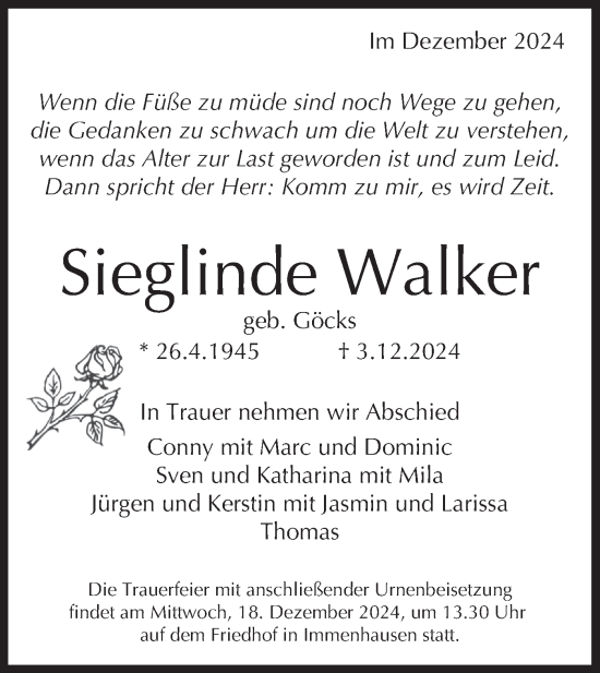 Traueranzeige von Sieglinde Walker von Schwäbische Tagblatt