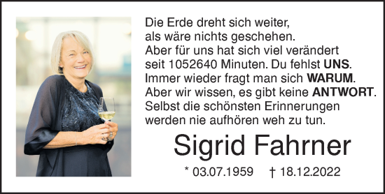 Traueranzeige von Sigrid Fahrner von SÜDWEST PRESSE Ausgabe Ulm/Neu-Ulm