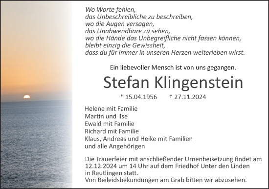 Traueranzeige von Stefan Klingenstein von SÜDWEST PRESSE Zollernalbkreis/Hohenzollerische Zeitung