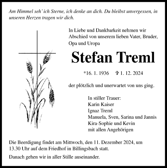 Traueranzeige von Stefan Treml von Hohenloher Tagblatt