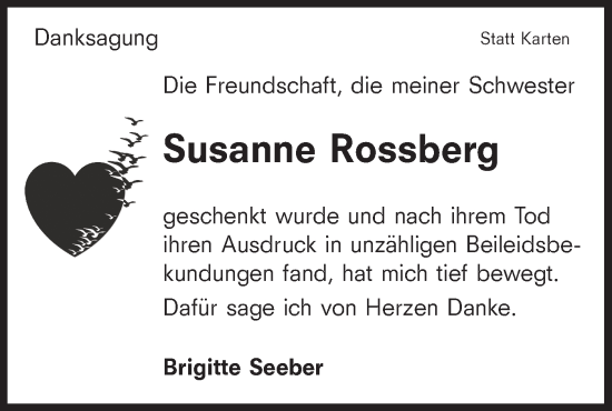 Traueranzeige von Susanne Rossberg von Hohenloher Tagblatt