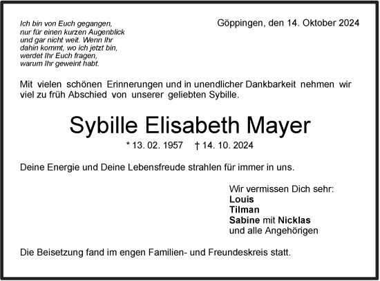 Traueranzeige von Sybille Elisabeth Mayer von NWZ Neue Württembergische Zeitung