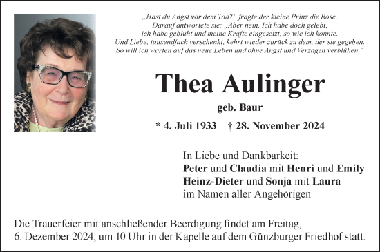 Traueranzeige von Thea Aulinger von SÜDWEST PRESSE Ausgabe Ulm/Neu-Ulm