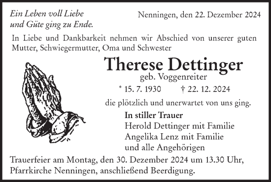 Traueranzeige von Therese Dettinger von NWZ Neue Württembergische Zeitung