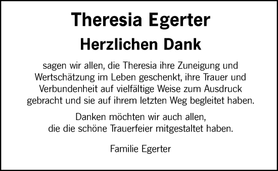 Traueranzeige von Theresia Egerter von Schwäbische Tagblatt