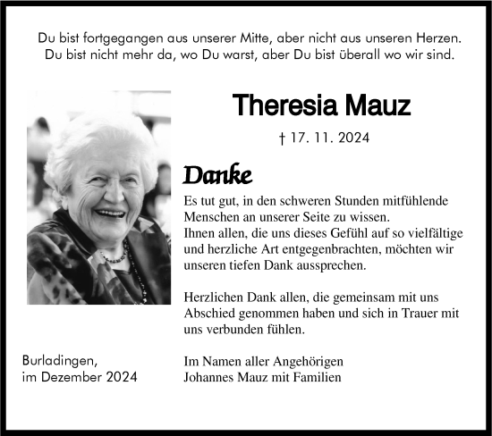 Traueranzeige von Theresia Mauz von SÜDWEST PRESSE Zollernalbkreis/Hohenzollerische Zeitung