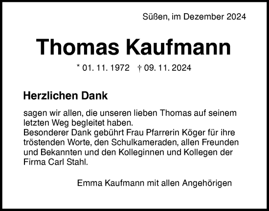 Traueranzeige von Thomas Kaufmann von NWZ Neue Württembergische Zeitung