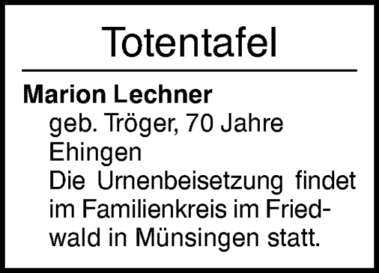 Traueranzeige von Totentafel vom 14.12.2024 von Ehinger Tagblatt