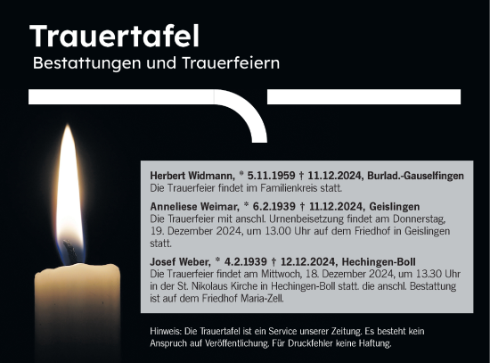 Traueranzeige von Totentafel vom 17.12.2024 von SÜDWEST PRESSE Zollernalbkreis/Hohenzollerische Zeitung