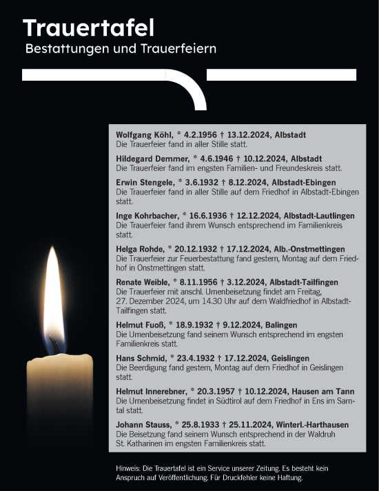 Traueranzeige von Totentafel vom 24.12.2024 von SÜDWEST PRESSE Zollernalbkreis/Hohenzollerische Zeitung