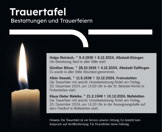 Traueranzeige von Trauertafel  von SÜDWEST PRESSE Zollernalbkreis/Hohenzollerische Zeitung