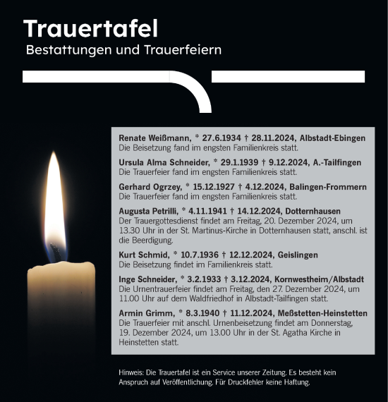 Traueranzeige von Trauertafel  von SÜDWEST PRESSE Zollernalbkreis/Hohenzollerische Zeitung