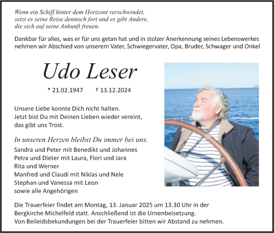 Traueranzeige von Udo Leser von Haller Tagblatt