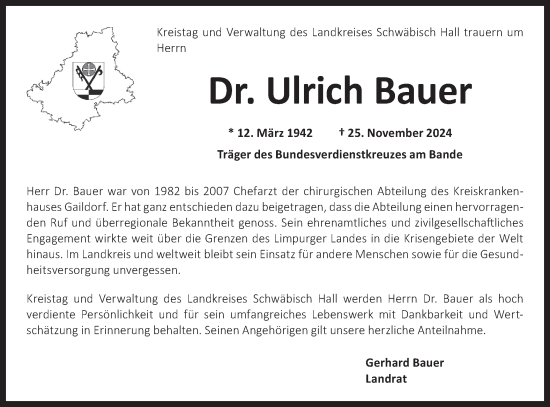 Traueranzeige von Ulrich Bauer von Rundschau Gaildorf