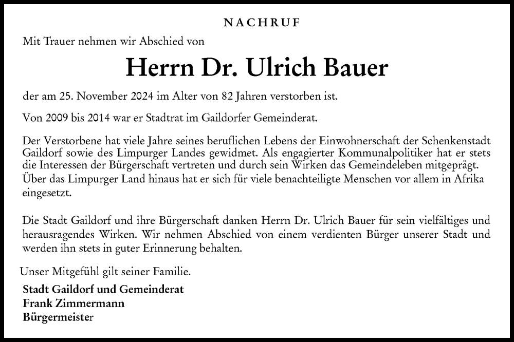  Traueranzeige für Ulrich Bauer vom 02.12.2024 aus Rundschau Gaildorf