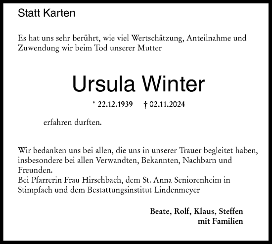 Traueranzeige von Ursula Winter von Hohenloher Tagblatt