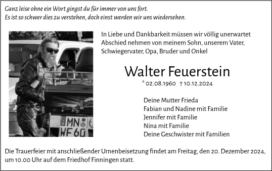 Traueranzeige von Walter Feuerstein von SÜDWEST PRESSE Ausgabe Ulm/Neu-Ulm