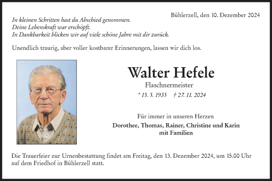 Traueranzeige von Walter Hefele von Haller Tagblatt