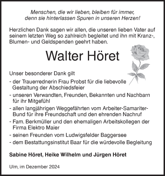 Traueranzeige von Walter Höret von SÜDWEST PRESSE Ausgabe Ulm/Neu-Ulm