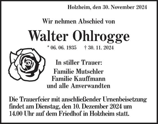 Traueranzeige von Walter Ohlrogge von NWZ Neue Württembergische Zeitung