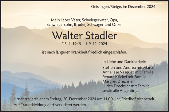 Traueranzeige von Walter Stadler von Geislinger Zeitung