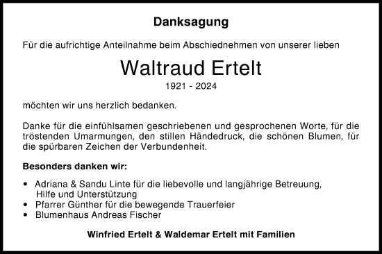 Traueranzeige von Waltraud Ertelt von SÜDWEST PRESSE Zollernalbkreis/Hohenzollerische Zeitung