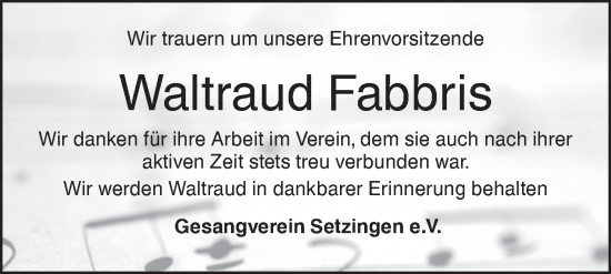 Traueranzeige von Waltraud Fabbris von SÜDWEST PRESSE Ausgabe Ulm/Neu-Ulm