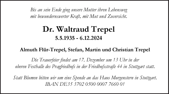 Traueranzeige von Waltraud Trepel von SÜDWEST PRESSE Ausgabe Ulm/Neu-Ulm