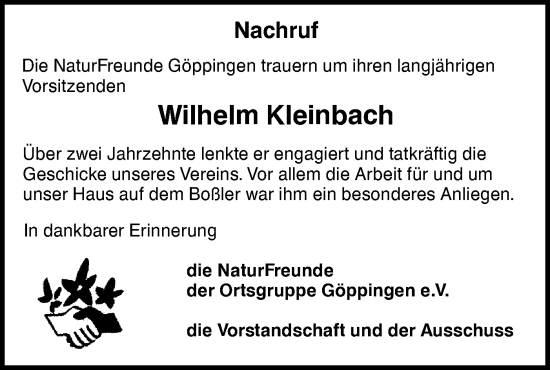 Traueranzeige von Wilhelm Kleinbach von NWZ Neue Württembergische Zeitung