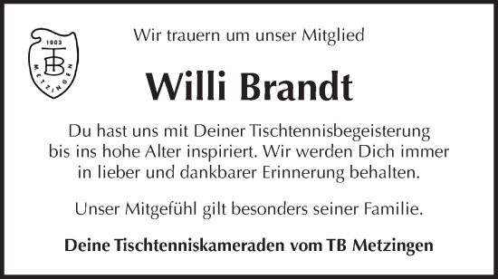 Traueranzeige von Willi Brandt von Alb-Bote/Metzinger-Uracher Volksblatt