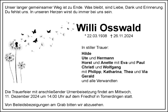 Traueranzeige von Willi Osswald von SÜDWEST PRESSE Ausgabe Ulm/Neu-Ulm