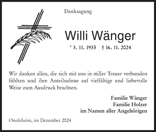 Traueranzeige von Willi Wänger von Hohenloher Tagblatt