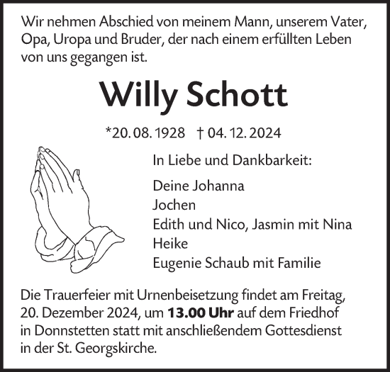 Traueranzeige von Willy Schott von Alb-Bote/Metzinger-Uracher Volksblatt