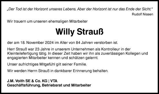 Traueranzeige von Willy Strauß von Hohenloher Tagblatt