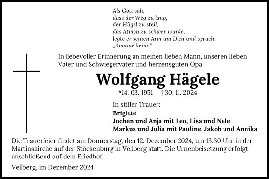 Traueranzeige von Wolfgang Hägele von Haller Tagblatt