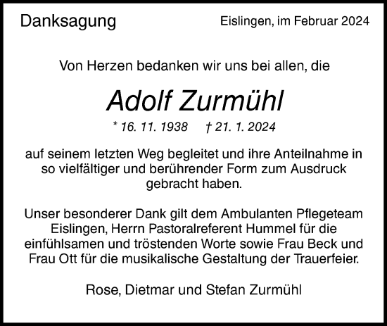 Traueranzeige von Adolf Zurmühl von NWZ Neue Württembergische Zeitung