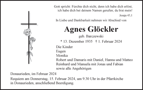 Traueranzeige von Agnes Glöckler von SÜDWEST PRESSE Ausgabe Ulm/Neu-Ulm