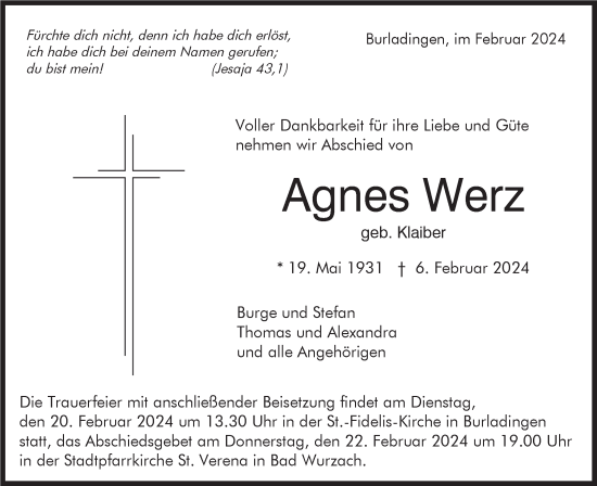 Traueranzeige von Agnes Werz von Hohenzollerische Zeitung